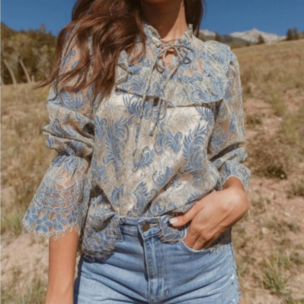 New Current Air Lookin' Pretty Tie-neck Lace Blouse Top Light Blue Prairie Small